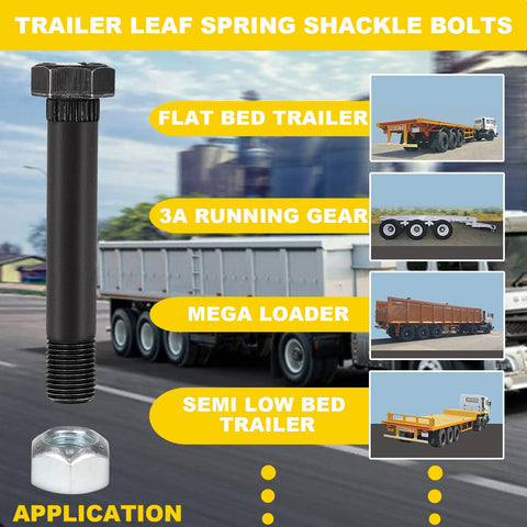 Image showing Nine Sixteenth Inch Eighteen Thread Trailer Leaf Spring Shackle Bolts With Nuts Three And One Half Inch Long. Applications for flatbed, running gear, mega loader, and semi low bed trailers.