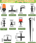 Diagram of All In One Quarter Inch Drip Irrigation Fittings Kit With 240 Pieces, showing nozzles, tees, elbows, plugs, and stakes.