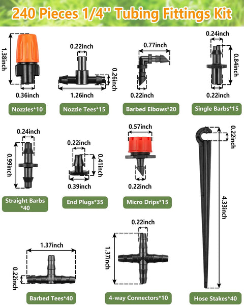 Diagram of All In One Quarter Inch Drip Irrigation Fittings Kit With 240 Pieces, showing nozzles, tees, elbows, plugs, and stakes.