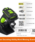 Built Tough Rugged 2D Wireless Barcode Scanner With Charging Dock Bluetooth Drop Resistant Industrial Scanner For QR And 1D Codes Long Range Transmission Up To 1968 Feet 433MHz displaying decoding capability and charging dock.