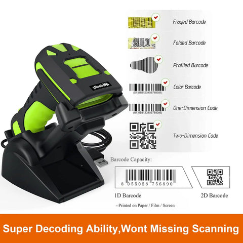 Built Tough Rugged 2D Wireless Barcode Scanner With Charging Dock Bluetooth Drop Resistant Industrial Scanner For QR And 1D Codes Long Range Transmission Up To 1968 Feet 433MHz displaying decoding capability and charging dock.