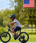 Child on bike with Two Pack Upgraded Bike Flags With Poles 6 Feet High Visibility Orange Flags With Heavy Duty Fiberglass Poles American flag
