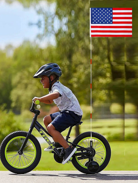 Child on bike with Two Pack Upgraded Bike Flags With Poles 6 Feet High Visibility Orange Flags With Heavy Duty Fiberglass Poles American flag