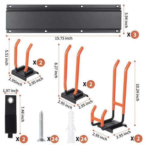 Heavy Duty Garden Tool Organizer Wall Mount Rack with Six Steel Hooks 48 Inch Three Rail Garage Storage System dimensions