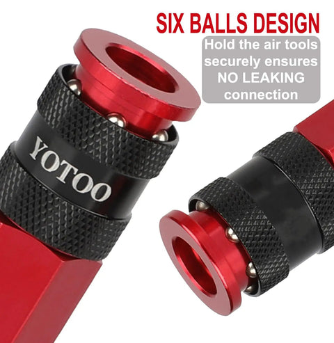 Close-up of 15 Piece Universal Air Coupler And Plug Kit with Quick Connect Air Hose Fittings, heavy duty aluminum, red color.