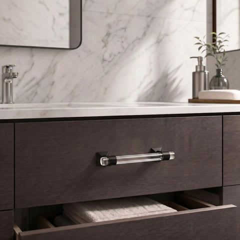 10 Pack 3.75 Inch Center To Center Cabinet Pulls Round Tube Acrylic Black Modern Drawer Handles on dark wood cabinet