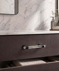 5 Pack Cabinet Pulls For Kitchen And Bedroom 3.54 Inch Center-To-Center Black Zinc Alloy With Clear Acrylic Tubes 4.8 Inch Total Length Modern Dresser Cupboard Drawer Handles installed on dark vanity drawer in bathroom setting