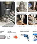 27 Piece Hole Saw Kit With Drill Bits in use on stainless steel, iron, and more; compatible with electric hand and bench drills.