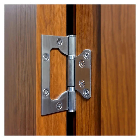 Door hinge set, heavy-duty silver metal, 4-piece, installed on wood door