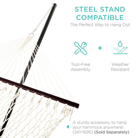 Steel stand compatible detail of Two Person Outdoor Hammock With Spreader Bars And Cotton Rope, Backyard Patio Lounger.