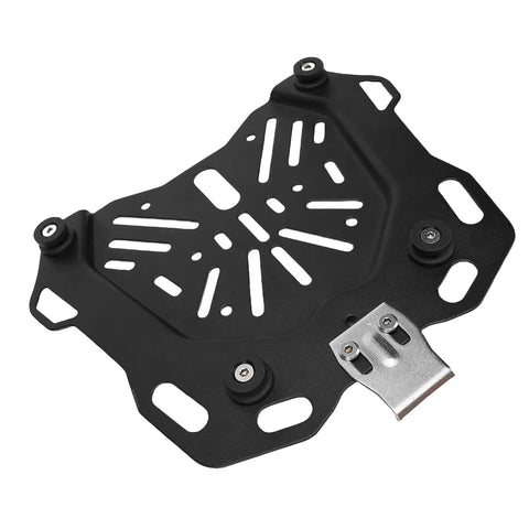 Rugged Carbon Steel Motorcycle Trunk Base Plate Rack Mount For 45L Storage Box, universal fit with mounting holes.