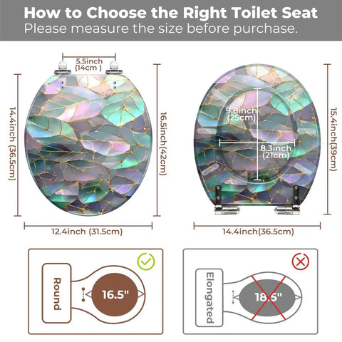 Toilet Seat Round Resin for Bathroom measuring dimensions for proper fit, showcasing round and elongated options.