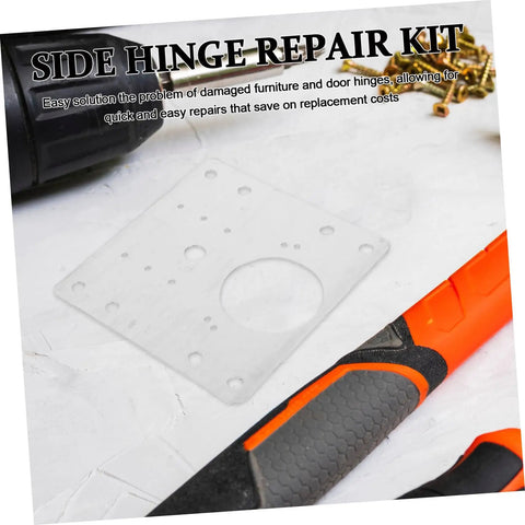 Four Pack Stainless Steel Hinge Repair Plate Kit With Mounting Screws For Door And Cabinet Hinges Brackets Quick Fix For Furniture And Kitchen Cupboards shown with tools and screws.
