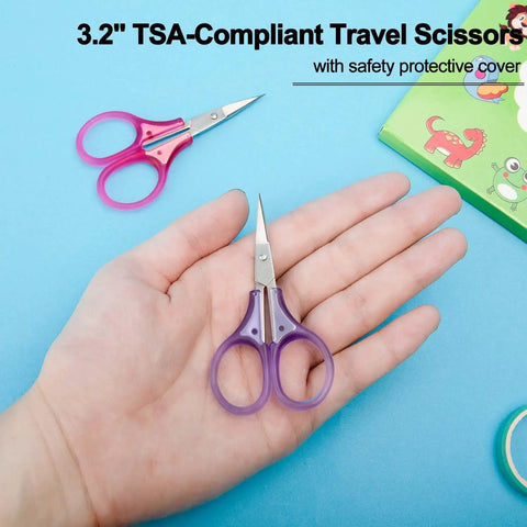 Tiny Travel Scissors 3 Inch TSA Compliant with Sheath held in hand, showing ultra sharp fine tips for detail work.