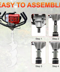 Image showing One Person Earth Auger Powerhead With 52cc Two Cycle Engine assembly steps, ergonomic handles, and auger connection.
