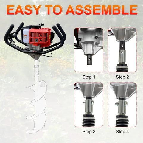 Image showing One Person Earth Auger Powerhead With 52cc Two Cycle Engine assembly steps, ergonomic handles, and auger connection.