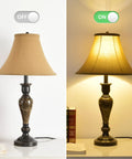 Three Piece Living Room Lamp Set With Vintage Table And Floor Lamps, Sturdy Iron Bases And Brown Fabric Shades, Art Deco Inspired Style For Bedroom, Reading Nook, Or Home Office, table lamp off and on comparison.