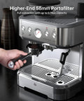 Kickstart Your Day With This Top Shelf 15 Bar Semi Auto Espresso Machine Packing A Sick Built In Conical Burr Grinder And Smooth Steam Wand For Legit Cappuccinos And Dope Lattes At Home Or Work 77 Oz Tank, showing 58mm portafilter being used.
