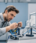Engineer working on machinery in a laboratory setting, adjusting cables and components on a control panel.