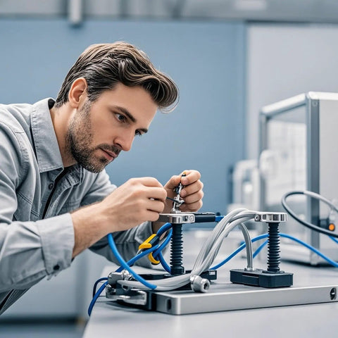 Engineer working on machinery in a laboratory setting, adjusting cables and components on a control panel.