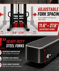 Adjustable fork spacing of 3300 LB Capacity Semi Electric Stacker And Compact Pallet Jack, 11.6" to 27.6", with 4" steel forks.