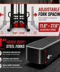 3500 Lbs Semi Electric Pallet Stacker Heavy Duty Workhorse 48V Battery Material Lift showing adjustable fork spacing from 11.6" to 27.6".