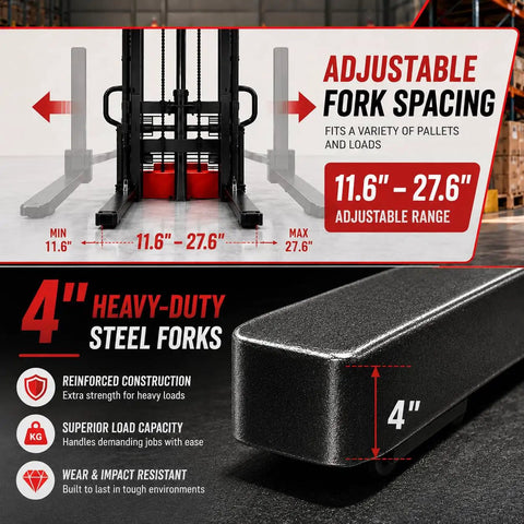 Adjustable fork spacing of No Sweat Heavy Duty Semi Electric Pallet Jack With 3300 Lbs Capacity 98 Inch Max Lift, 4-inch steel forks.