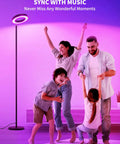 Family enjoying Smart RGBW Floor Lamp With Double Side Lighting 2400 Lumen Dimmable LED Standing Lamp WiFi App Control
