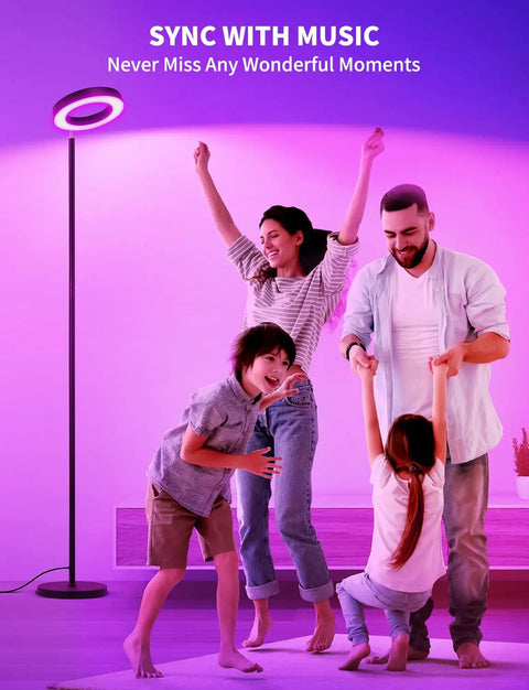 Family enjoying Smart RGBW Floor Lamp With Double Side Lighting 2400 Lumen Dimmable LED Standing Lamp WiFi App Control