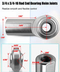 3/4 Inch Heavy Duty Stainless Steel Rod End Bearing Heim Joint showing dimensions for precision fit in steering rigs.
