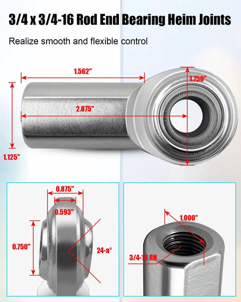 3/4 Inch Heavy Duty Stainless Steel Rod End Bearing Heim Joint showing dimensions for precision fit in steering rigs.