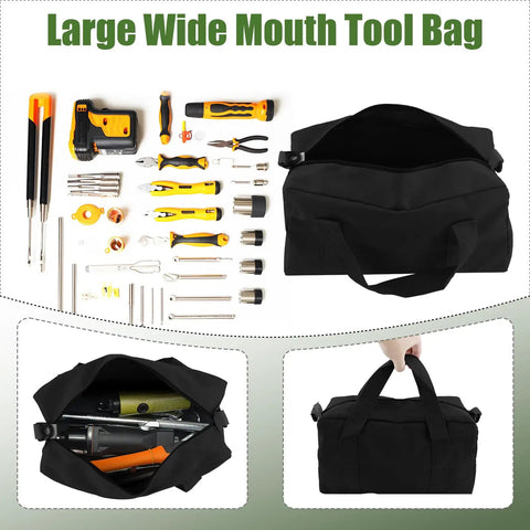 Close Top Wide Mouth Canvas Tool Organizer Bag With Large Capacity For Home And Garage Storage The Go To For Screwdrivers, Wrenches, Pliers And Other Hand Tools, 12 Inch Portable Tool Tote You Can Take Anywhere.