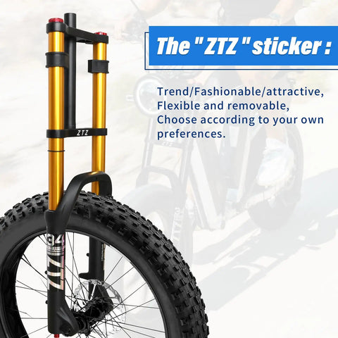 Beefy Fat Tire Front Fork With Air Suspension 180mm Travel 135mm Hub Spacing on fat bike showcasing ZTZ sticker