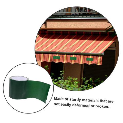 Heavy Duty RV Repair Tape for Awnings Canopies Tarp Sail Tent Trampoline Quick Fix Rainproof Flexible Self Adhesive Repair Tape shown with green roll and striped awning