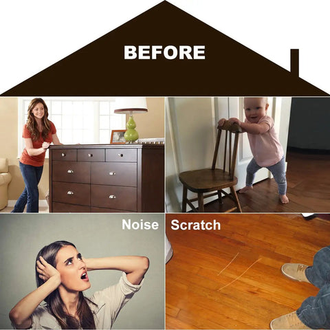 Before scenario showing furniture scratches on floor, noise, and risks without Premium Felt Furniture Pad Set, 136 Pieces, 5mm Thick Floor Protectors For Sofa, Chairs And Tables, Safe For Hardwood, Laminate, And Tile Floors, Squeak Free Glide, Handy Case Included.