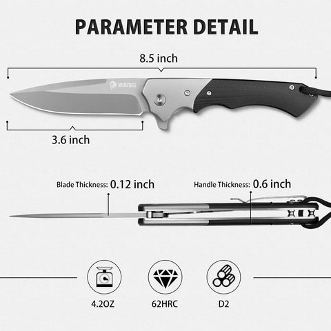 3.6 Inch D2 Steel Pocket Knife For Men With G10 Handle Dope Do It All EDC Folding Knife For Everyday Carry Strong Edge Retention Textured Grip Smooth Flipping Action, side view with 8.5 inch overall length