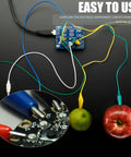 10 Piece Premium Electrical Crocodile Alligator Clip Test Lead Kit with fruits, circuit board connection shown.