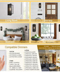 8W Dimmable T10 LED Tubular Bulb 8.9 Inch Long in various home settings with list of compatible dimmers