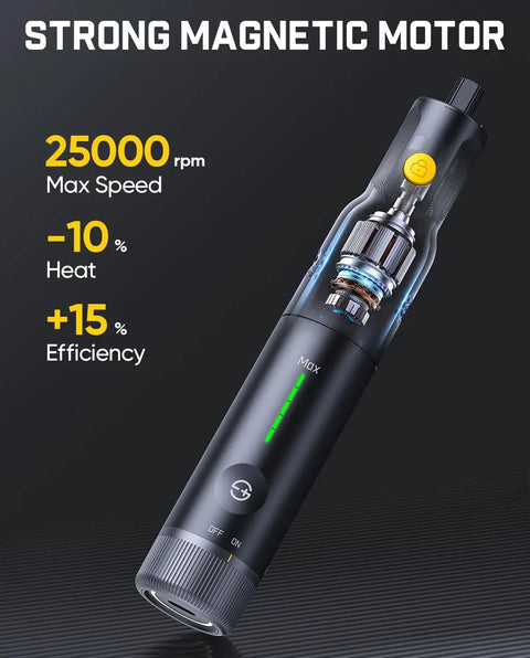 Cordless Rotary Tool Kit With 25000 RPM Motor 5 Speed Settings 44 Accessories. Visual of motor, efficiency and speed details