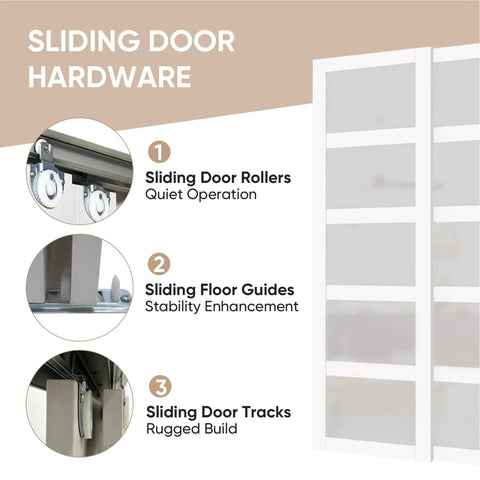 Sliding door hardware and 96 Inch Double Sliding Closet Doors With 5 Lite Frosted Glass Pantry Panels Gives Your Space A Fresh Look Includes Hardware Track Kit Floor Guide Pre Drilled MDF White Ready To Assemble Door Panels