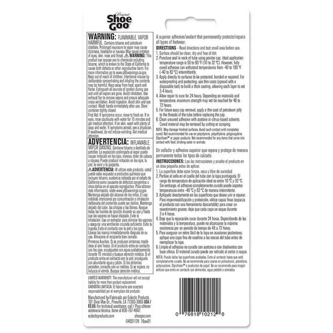 Back of packaging for Do It All Shoe Adhesive And Sealant, 3.7 Fl Oz, Waterproof Black For Boots And Shoes with instructions and warnings