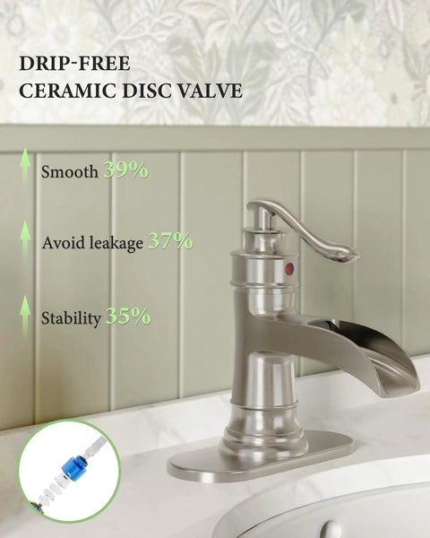 Waterfall Bathroom Faucet In Brushed Nickel Finish Dope Farmhouse Style Vanity Sink Tap with deck plate on white sink.