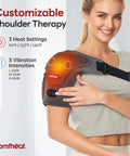 Cordless Shoulder Heating Pad With Vibration Massage, 5000mAh Battery in use, showing heat and vibration settings, worn by a woman