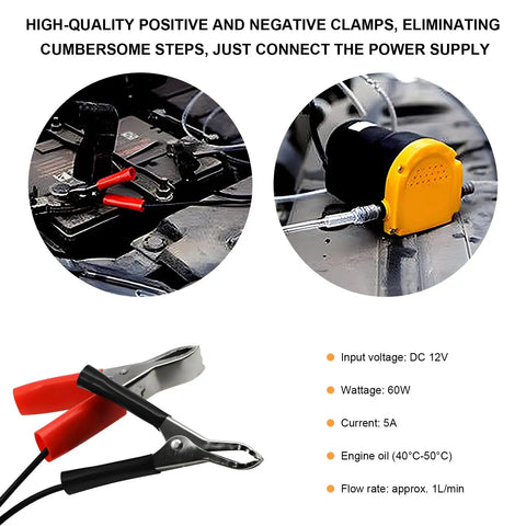 Rugged 12 Volt 60 Watt Electric Oil Extractor Pump With Flexible Suction Hose And Clamps on vehicle battery with clamps attached.