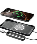 Heavy Duty Car Wireless Charging Pad With Pro Grade No Sweat Cooling And Clutter Free Key Storage Keeps Your Ride Clean While Delivering Reliable 15 Watt Power For Chevy Volt Bolt Euv Blazer Ev with smartphone atop, USB cable visible.