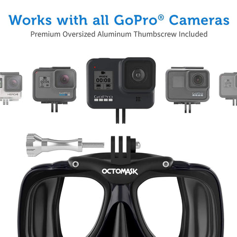 Scuba Mask With Built-In GoPro Mount For All GoPro Hero Cameras, Ultra Soft Silicone Skirt, shown with GoPro models and thumbscrew