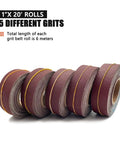 6M Heavy Duty Emery Cloth Roll Premium Sanding Tape For Belt Sanders, showing 5 different grit rolls, 1 inch wide.