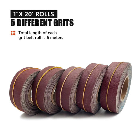 6M Heavy Duty Emery Cloth Roll Premium Sanding Tape For Belt Sanders, showing 5 different grit rolls, 1 inch wide.