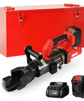Loschen Cordless Electric Rebar Bender For DIY Pros showing hydraulic tool, battery, and charger with toolbox in background.