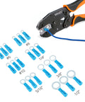 Marine Grade Heat Shrink Ring Terminals For 16 To 14 AWG Red Eyelet Connectors displayed with crimping tool